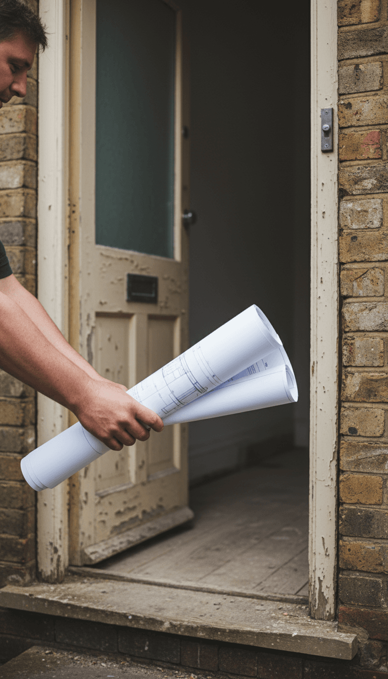 Builder's hands holding rolled architectural plans on a doorstep